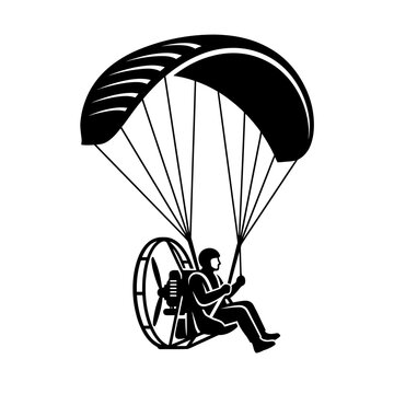 Man flying with paramotor wing.