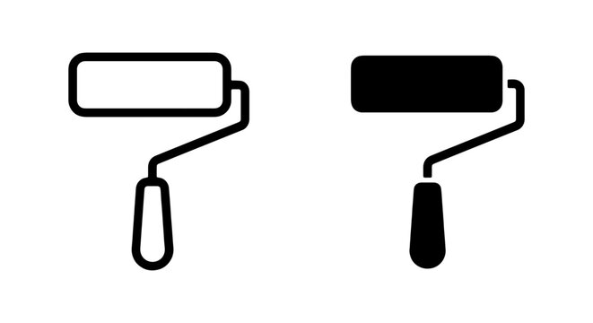 Paint roller icon set, black outline and solid fill, vector graphic elements for renovation and DIY projects