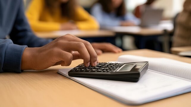A person s hand operating a black calculator placed on an open notebook atop a wooden desk in a classroom setting