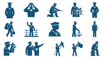 Obraz premium Sleek Navy Themed Icons Set Blue Silhouettes of Sailors in Various Maritime and Ceremonial Actions