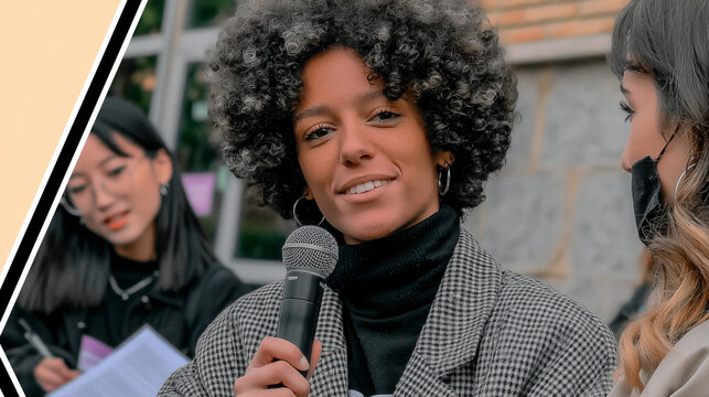 Women founders startup pitch event, young woman is speaking with people, asian young girl is writing document, africcan business woman speaking with jornalist, debate women with ea