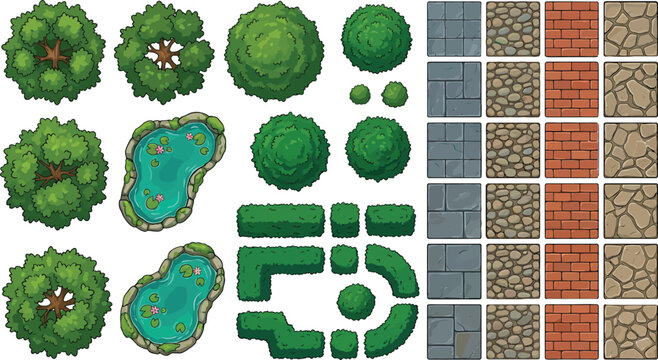 Top down garden landscape elements set with trees bushes ponds and paving tiles for game design
