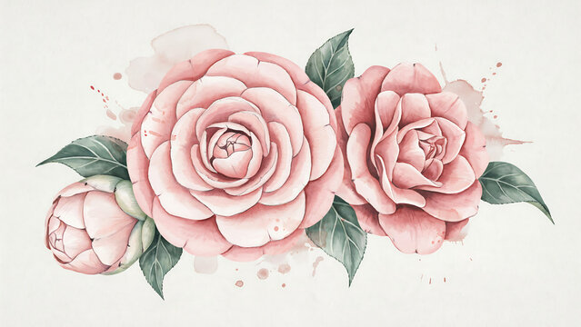 Watercolor pink camellia flowers with green leaves arrangement isolated on a transparent background
