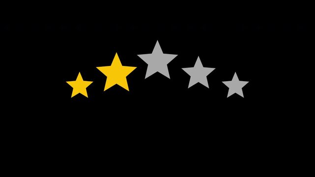 Animated five star rating system where stars turn yellow one by one followed by a blue thumbs up like icon on a black background for alpha channel transparency
