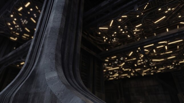 Heavy architectural pillar with intricate glowing ceiling lights in a dark futuristic environment