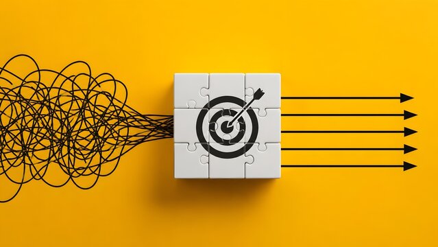Organizing business chaos into clear objectives showing tangled black strings entering a white puzzle target block and exiting as straight parallel arrows for improved workflow efficiency.