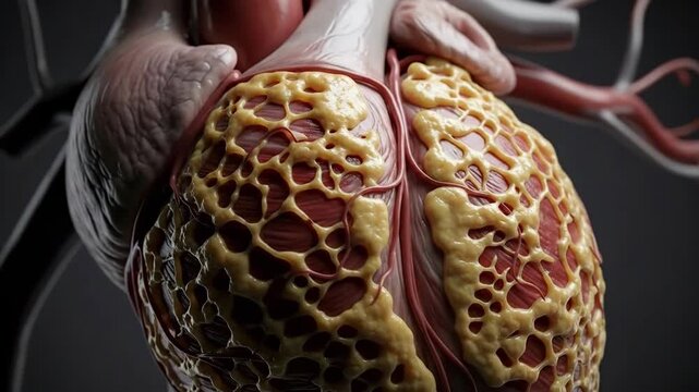 Cardiac health decline: lipid level, cholesterol accumulation, plaque development, artery blockage, vascular illness, heart condition, body fat, health warning, vessel narrowing, medical concept.