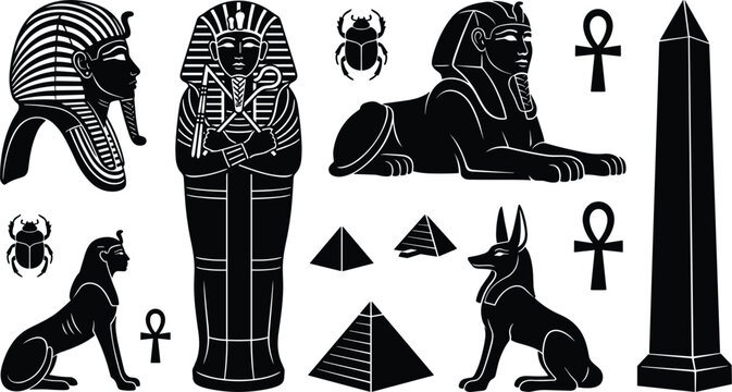 Ancient Egyptian history and mythology culture vector icon set with black silhouettes of pharaoh sarcophagus sphinx anubis jackal pyramids obelisk ankh scarab