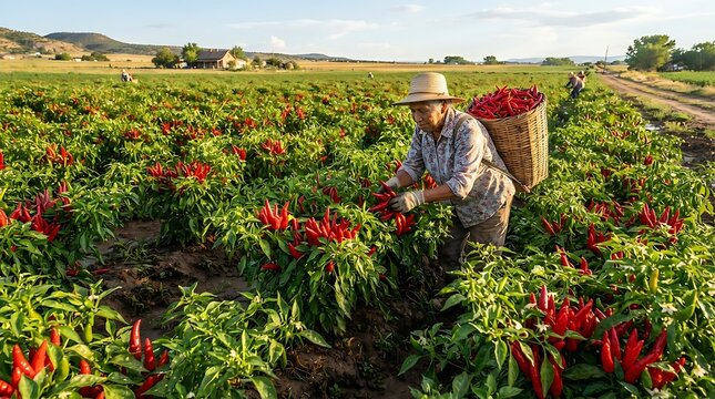 A farmer is harvesting red chili peppers in a vast field on a sunny day.