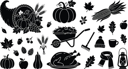 Autumn harvest and Thanksgiving celebration vector icon set with black silhouettes of cornucopia pumpkin roasted turkey wheelbarrow rake leaves corn acorn scarf lantern © Rakib