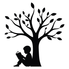 vector flat Silhouette of a little boy reading a book under a tree