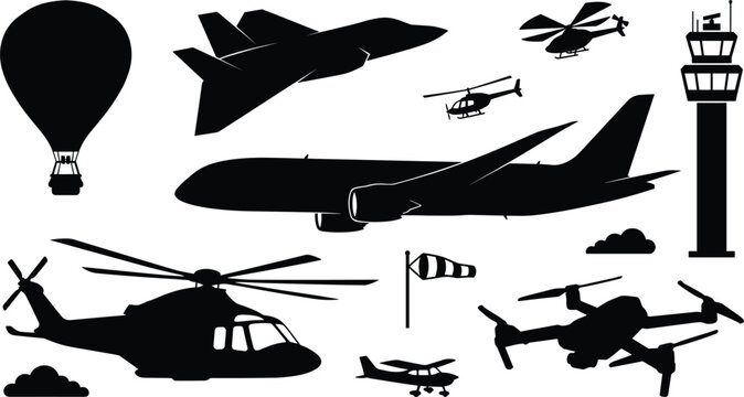 Aviation and aircraft transportation vector icon set with black silhouettes of commercial airplane jet fighter helicopter drone hot air balloon control tower windsock