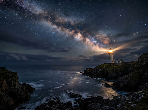 Stunning milky way galaxy over a glowing lighthouse on a rocky coastal cliff at night.