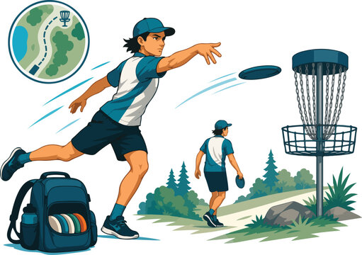 Disc Golf Player Throwing Disc Near Basket vector