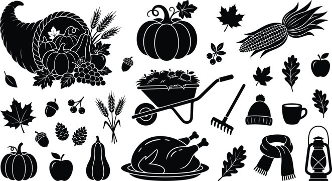 Autumn harvest and Thanksgiving celebration vector icon set with black silhouettes of cornucopia pumpkin roasted turkey wheelbarrow rake leaves corn acorn scarf lantern