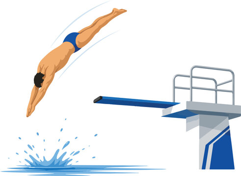 Diver jumping from diving board into water swimming