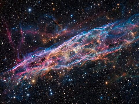Stunning view of the colorful Veil Nebula in deep outer space.