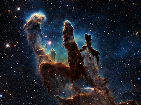 Stunning view of the iconic Pillars of Creation in the Eagle Nebula deep space.