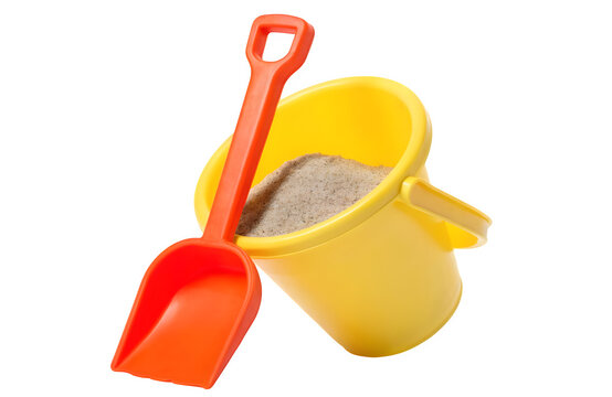 Plastic yellow bucket with sand and orange shovel isolated on transparent background