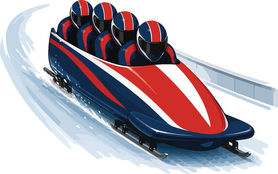 Four person bobsled team racing down an icy track bobsleigh