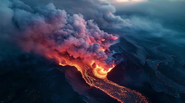 Volcanic eruption spews molten lava and smoke into the air from a rugged mountain landscape.