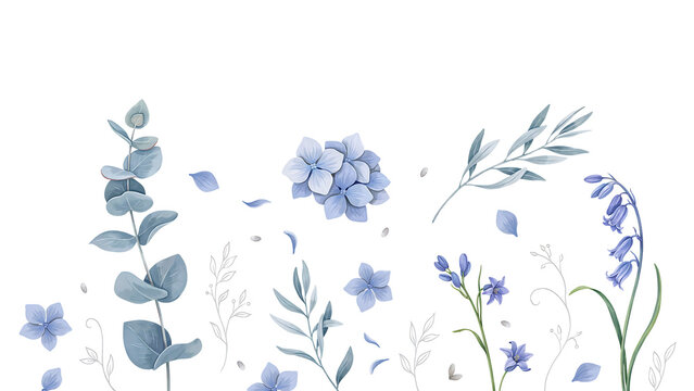 Watercolor blue hydrangea flowers and eucalyptus leaves arrangement isolated on a transparent background