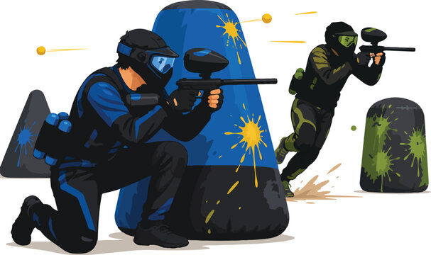 Paintball Players in Action Behind Obstacles vector