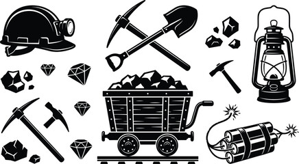 Coal mining and gemstone diamond extraction industrial vector icon set with black silhouettes of mine cart hard hat pickaxe shovel dynamite lantern stones © Rakib