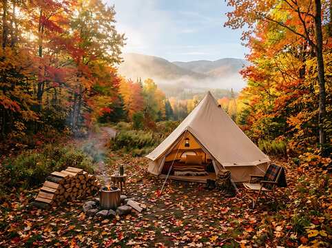 Cozy bell tent campsite in a beautiful autumn forest with a campfire and fall foliage.