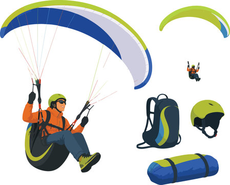 Paraglider pilot in flight with equipment and accessories