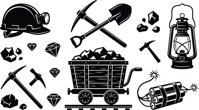 Coal mining and gemstone diamond extraction industrial vector icon set with black silhouettes of mine cart hard hat pickaxe shovel dynamite lantern stones