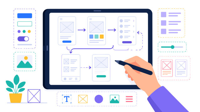 Hand sketches digital interface on tablet screen. Design elements float around workspace. User interacts with wireframes using stylus. Visuals show app development or UX flow. Ideal for tech, design