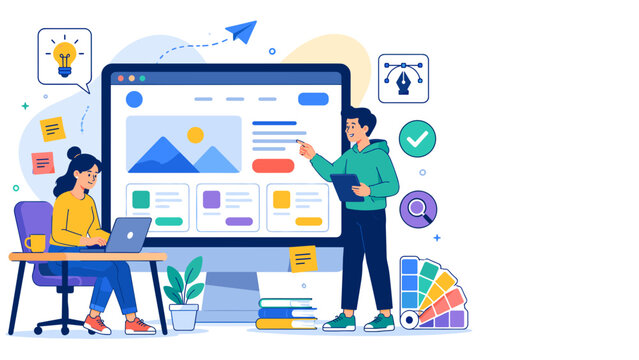 Two people collaborate on digital design projects. One person points at a large screen showing interface layouts. The other works on a laptop with focused concentration. Icons float around them