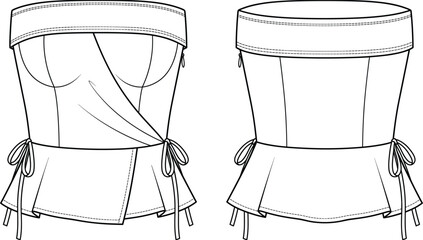 Strapless Corset Peplum Top Technical CAD Flat Sketch Front and Back View © Md