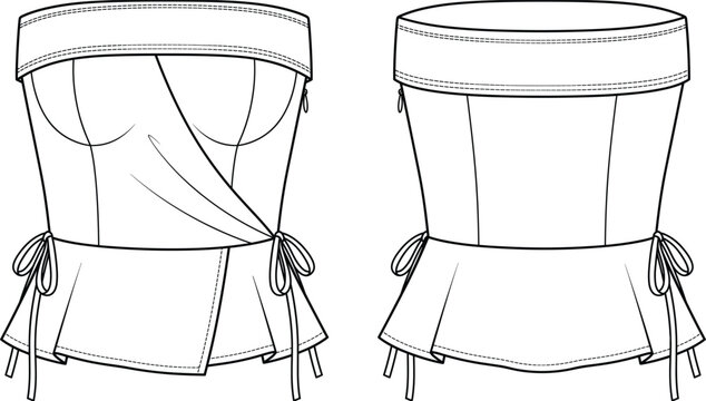 Strapless Corset Peplum Top Technical CAD Flat Sketch Front and Back View