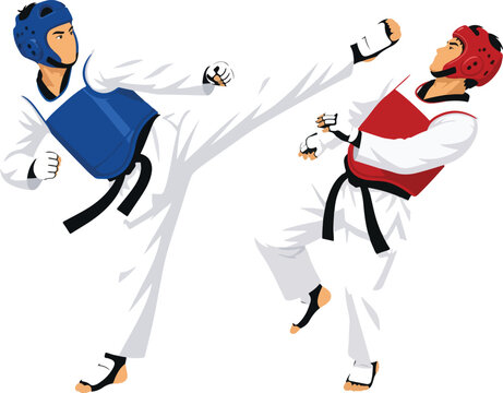 Two Taekwondo athletes sparring with kicks martial arts