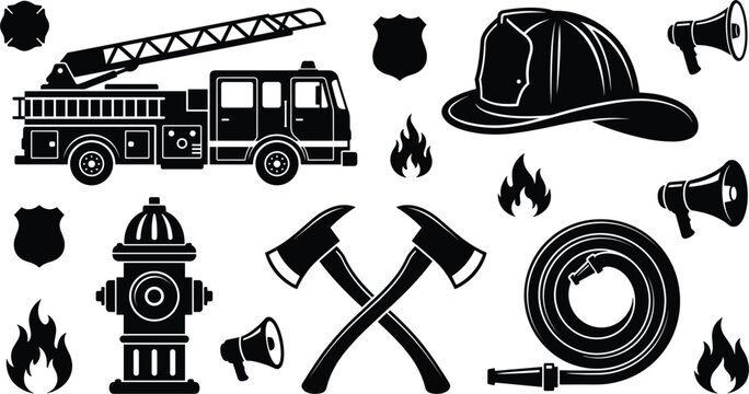 Firefighter rescue department and emergency services vector icon set with black silhouettes of fire truck hydrant helmet axes hose flames megaphones badge