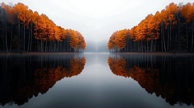 Symmetrical reflection of vibrant orange autumn forest in calm lake water with morning mist