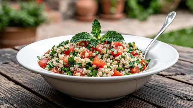 Delicious and Healthy Tabbouleh Salad with Fresh Tomatoes, Parsley, and Mint in a White Bowl on a Wooden Table