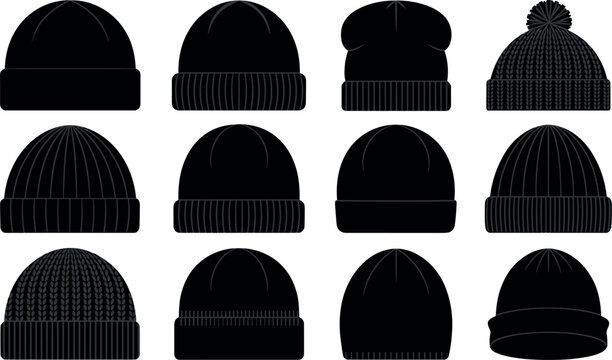 Black Beanie Hat Vector Mockup Set Featuring Blank Knit Caps Fisherman Toques Slouchy Beanies and Pom Pom Headwear Templates for Winter Apparel Branding