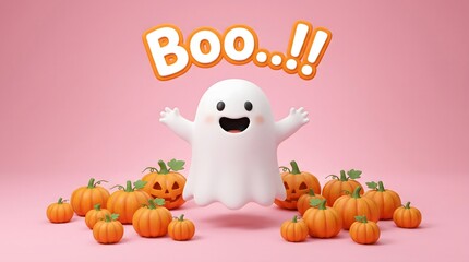 Fototapeta premium Festive halloween scene cute ghost and jack o' lanterns for spooky celebrations