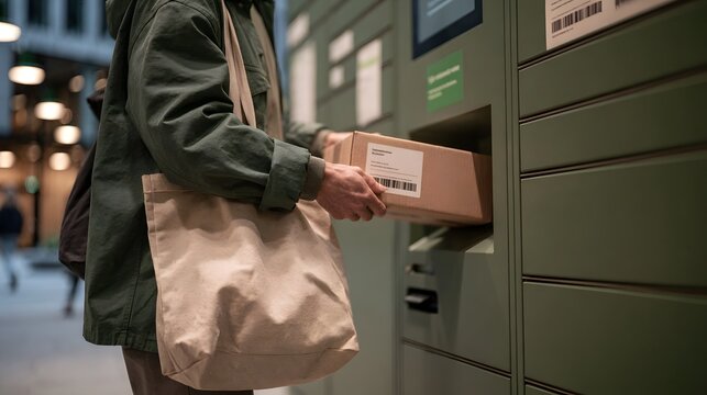 A person retrieves a cardboard package from a modern parcel locker while carrying a beige tote bag