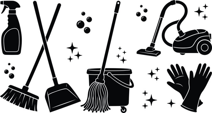 House cleaning tools and janitorial service equipment vector icon set with black silhouettes of vacuum cleaner mop bucket broom dustpan spray bottle rubber gloves