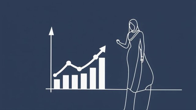 Stylized illustration of a woman in a sari presenting a bar graph and line chart on a dark blue background
