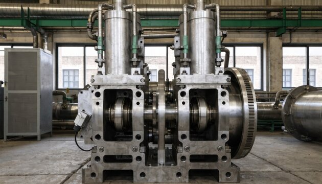 Detailed medium view of a twostage reciprocating piston compressor block showing the dualcylinder setup with expertly installed pistons and the complex assembly of castiron parts