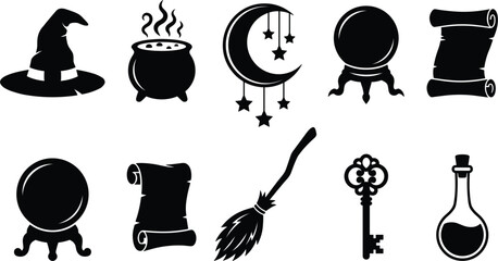 Magic and witch icon set with black vector silhouettes of wizard hat, cauldron, crescent moon, crystal ball, magic scroll, broomstick, key, and potion bottle. © Rakib