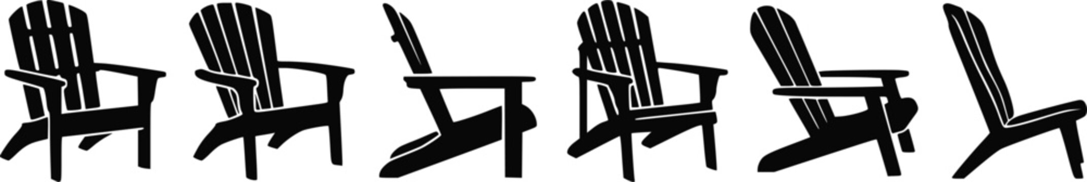 Set of black silhouette Adirondack chairs in various angles isolated on a white background isolated on white background