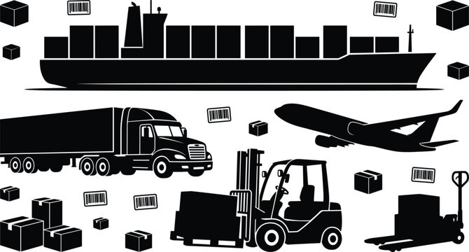 Logistics and global cargo transportation distribution service vector icon set with black silhouettes of container ship semi truck airplane forklift pallet jack boxes