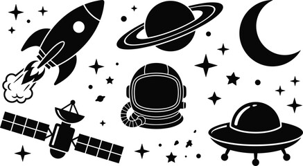 Outer space exploration and galaxy adventure vector icon set with black silhouettes of rocket ship saturn planet moon satellite astronaut helmet ufo flying saucer stars © Rakib