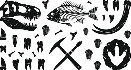 Paleontology and dinosaur fossil excavation vector icon set with black silhouettes of t-rex skull fish skeleton teeth mammoth tusk pickaxe brush footprint trilobite © Rakib